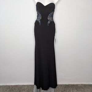 NWT Jasz Couture Black Iridescent Blue Beaded Strapless Maxi Evening Gown 6